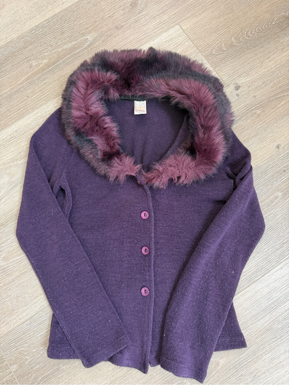 Plum Faux Fur Collar Button-Front Women's Sweater